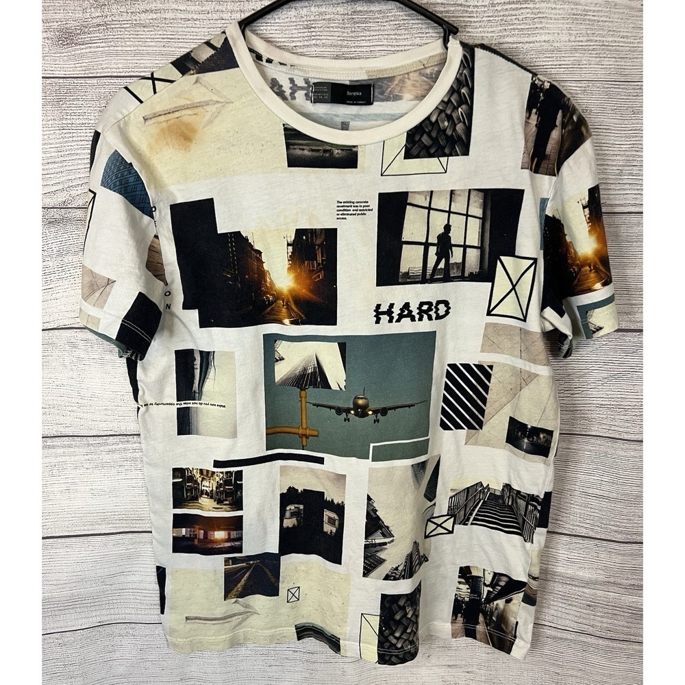 Bershka Graphic Photo Print T‎ Shirt Men XS Streetwear Urban Collage